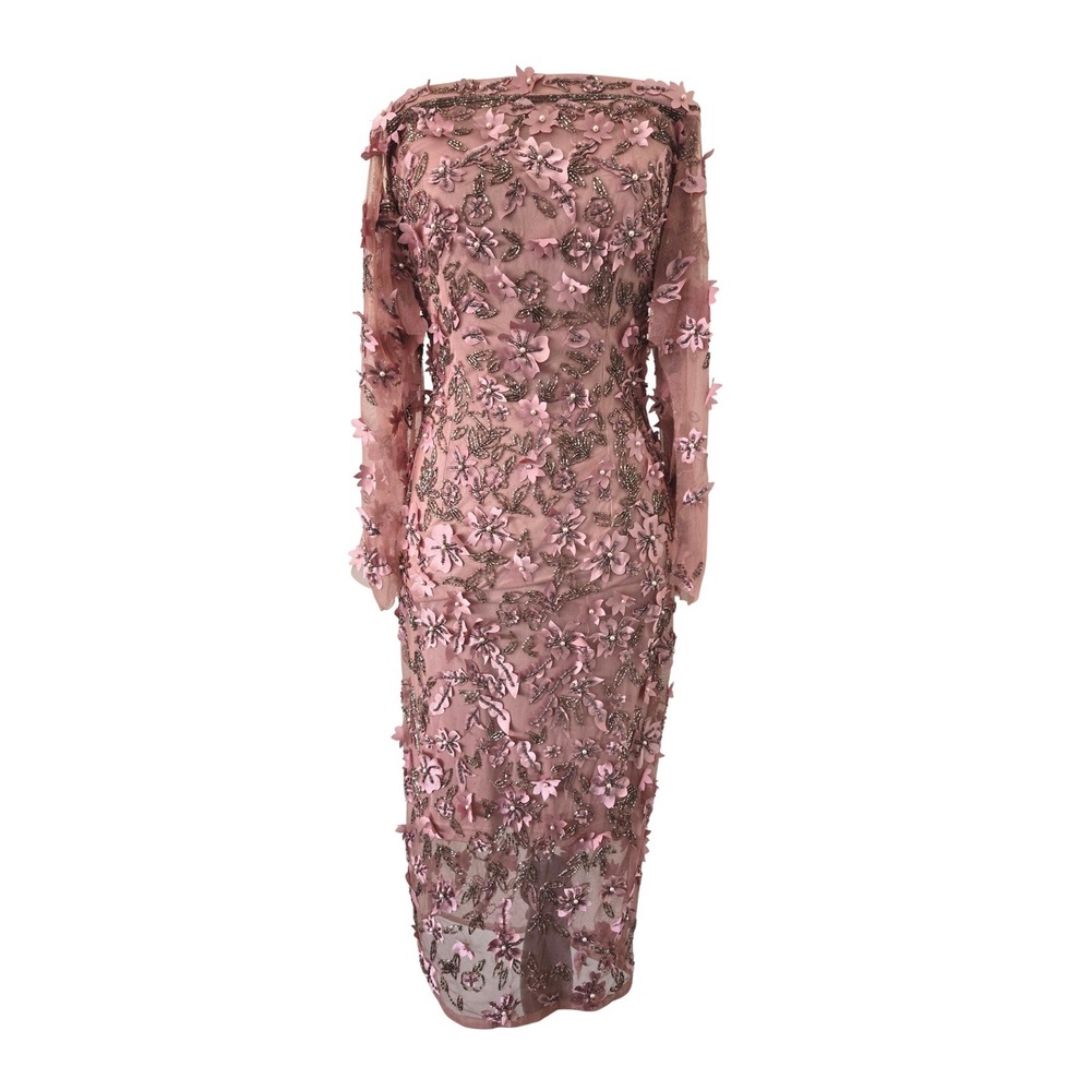 THEIA Pink Floral Beaded Sheer Mesh Sheer Sleeve Cocktail Dress Size 0
